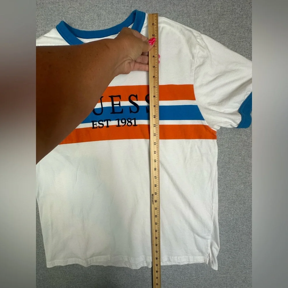Guess Ringer T Shirt Mens Large Logo Retro 90s Y2K Blue Orange‎ - Picture 5 of 7